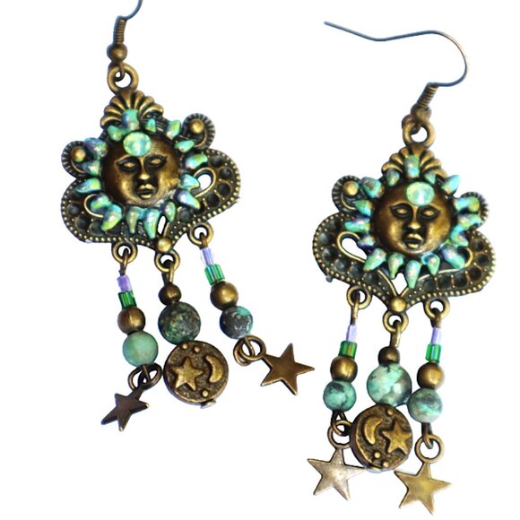 NEW Handmade Turquoise Sun and Stars Earrings Hand Painted Accents Boho Jewelry - Picture 1 of 5